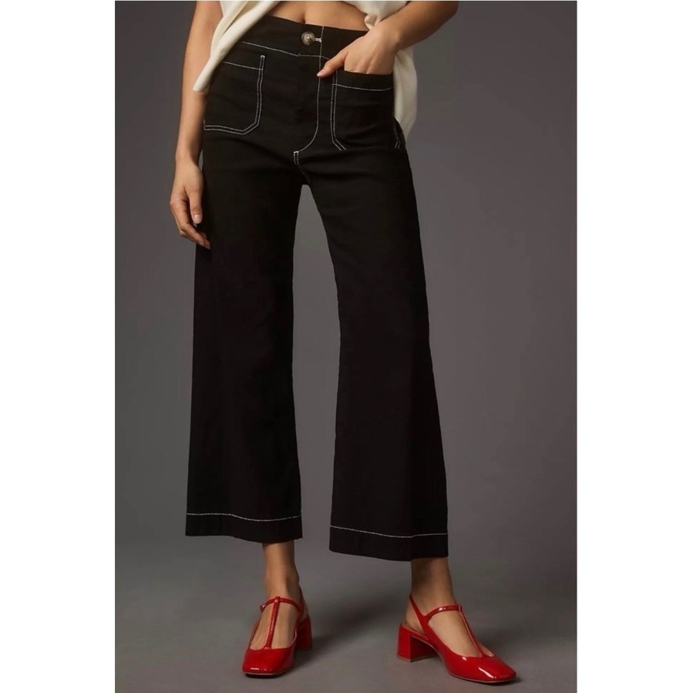 NEW Anthropologie Maeve The Colette Wide Leg Crop Pant Black Contrast Stitch 31T